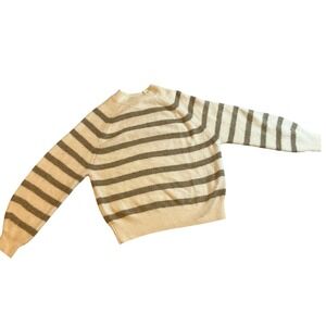 MNG Stripe Crew Neck Chunky Sweater Cream Green Cozy Knit Women Small Wool Blend
